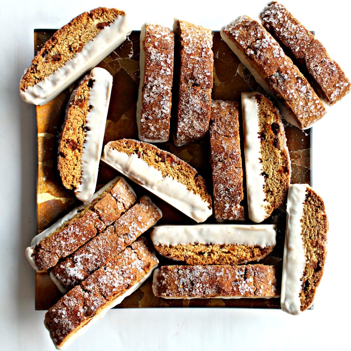 Cinnamon Chip Biscotti on a gold serving plate.