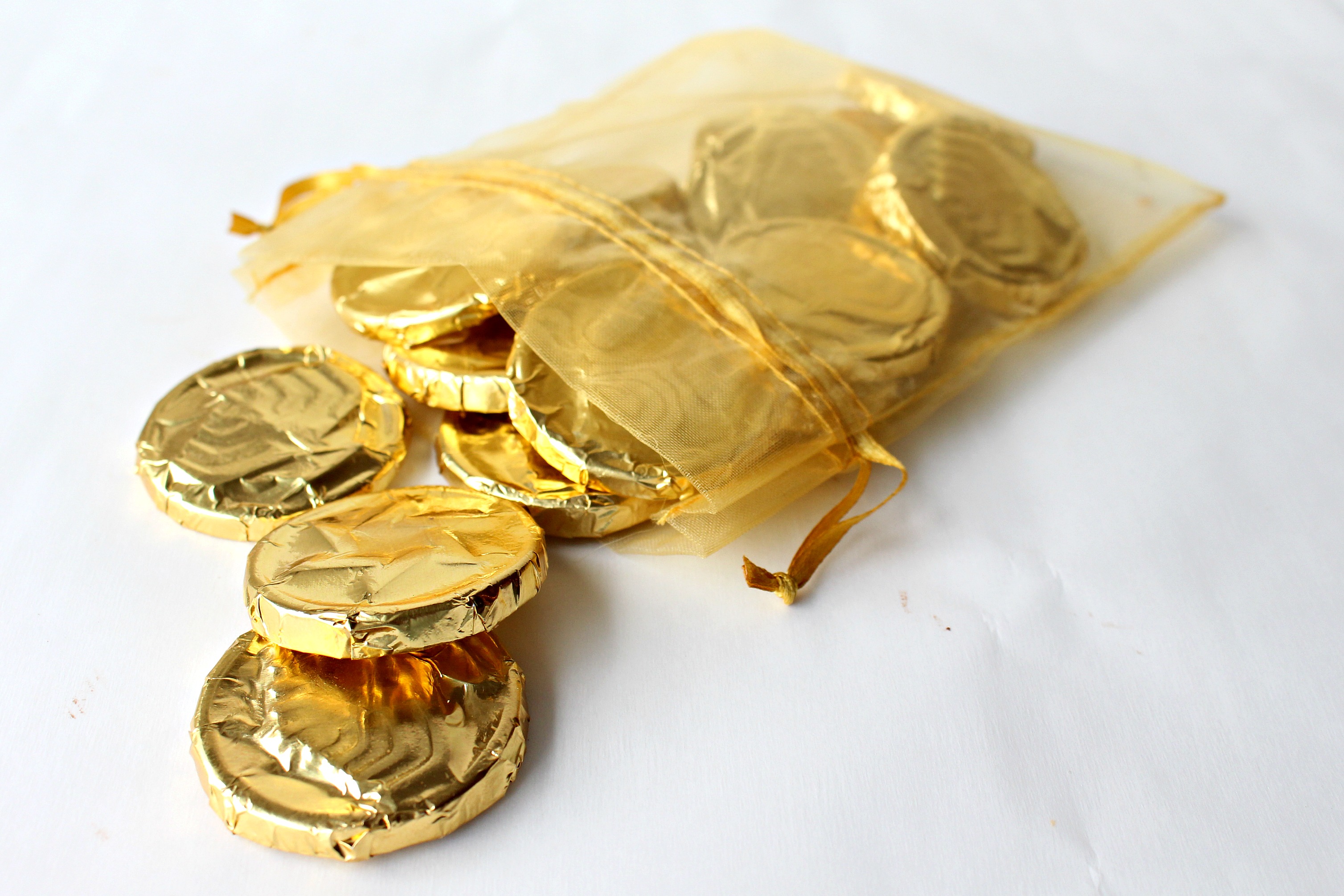 Chocolate Coins  spilling out of a gold mesh bag
