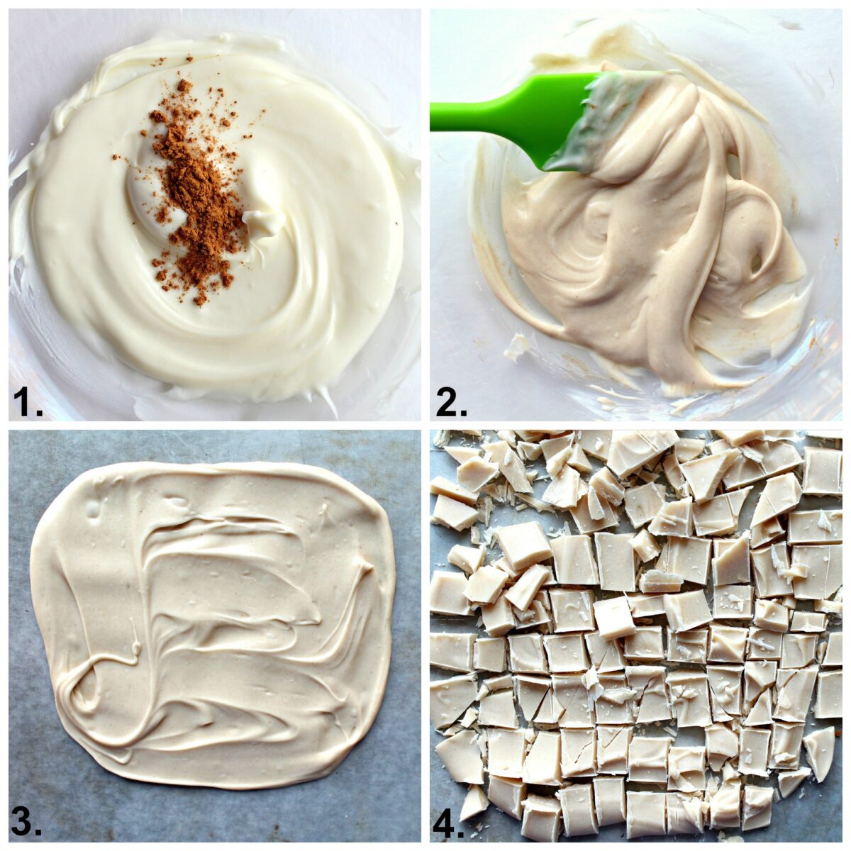 Cinnamon chips instructions; combine cinnamon and melted white chocolate,mix, spread, cut into chunks.