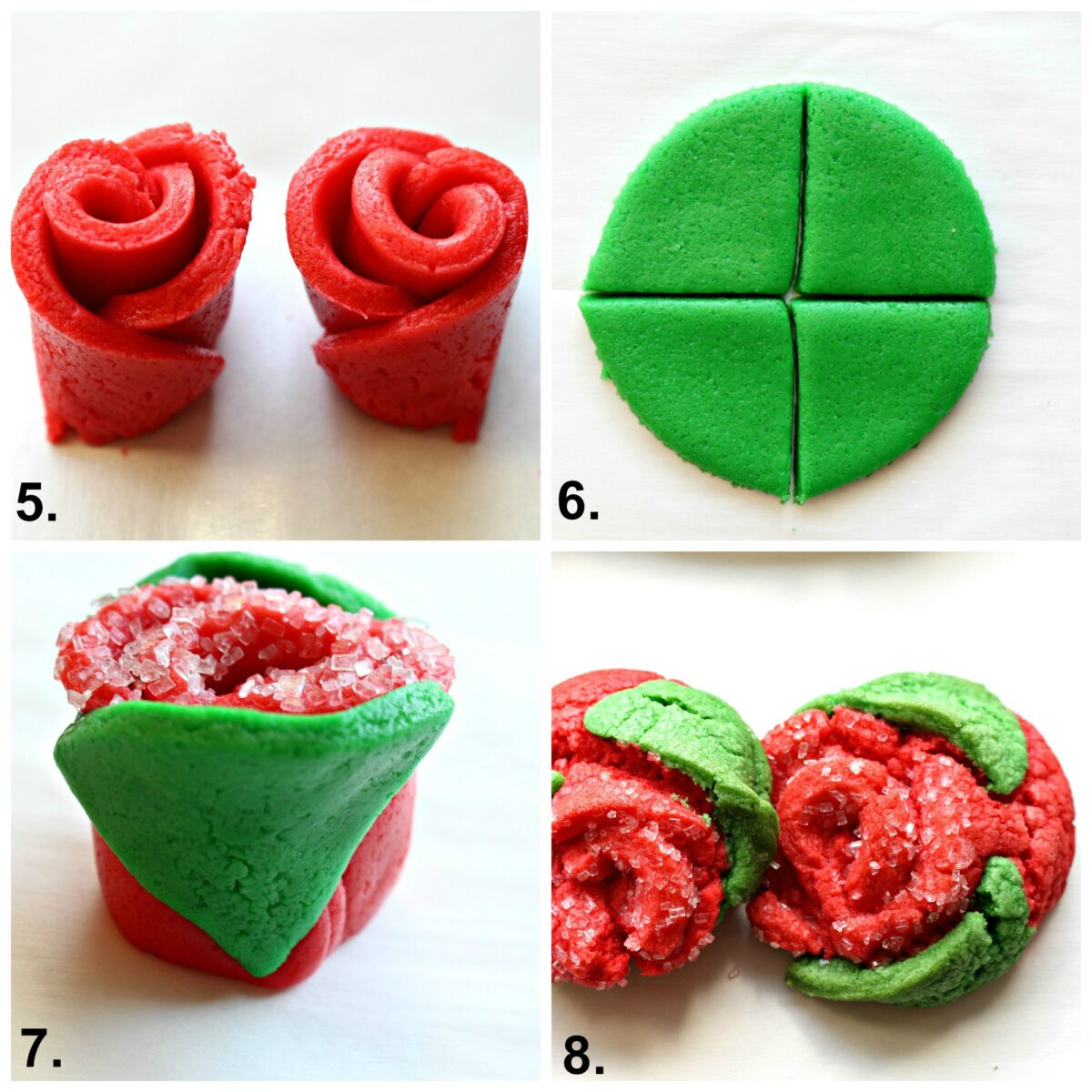 Instructions: two rose cookies, cut green dough circle in fourths, add two leaves per cookie, bake.