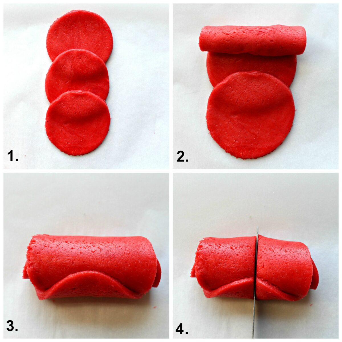 Instructions: overlap edges of cookie dough circles, roll up, cut in half forming two rose cookies.