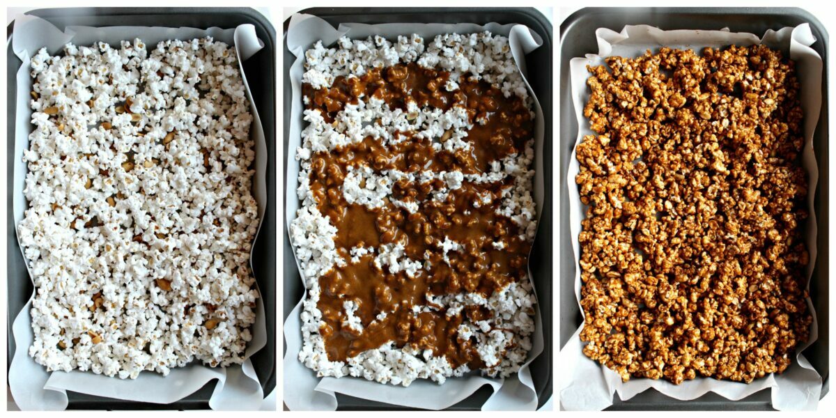 Instruction images: popcorn and peanuts in parchment lined baking pan, caramel poured on top,coat evenly. 