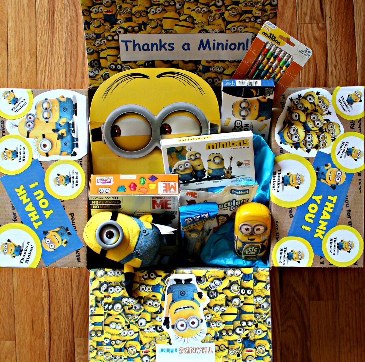 Minion Themed Care Package decorated and filled.