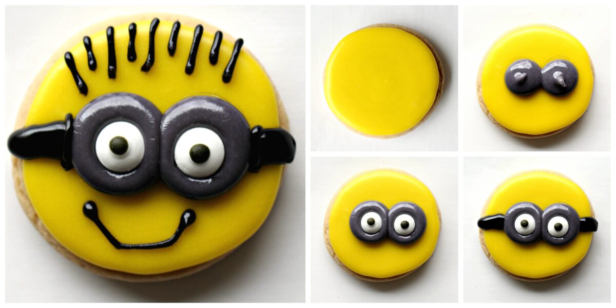 Instructions for Minions cookies; ice yellow, add gray dots, add candy eyes, pipe black glasses arms.
