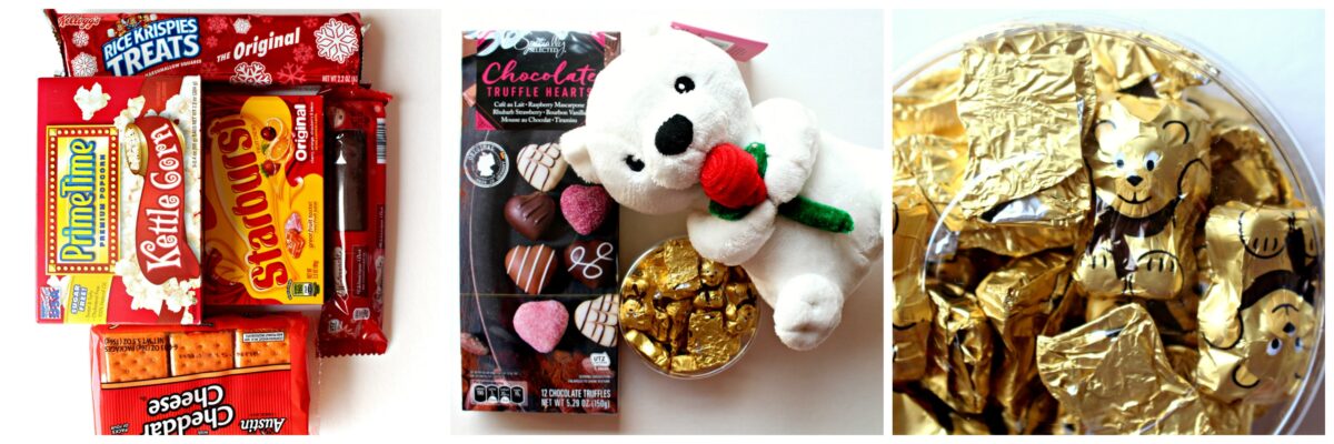 Box contents: stuffed bear toy and packaged chocolate candy