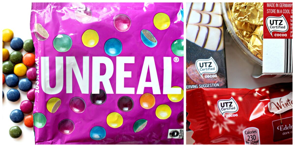 Collage of images of fair trade chocolates.