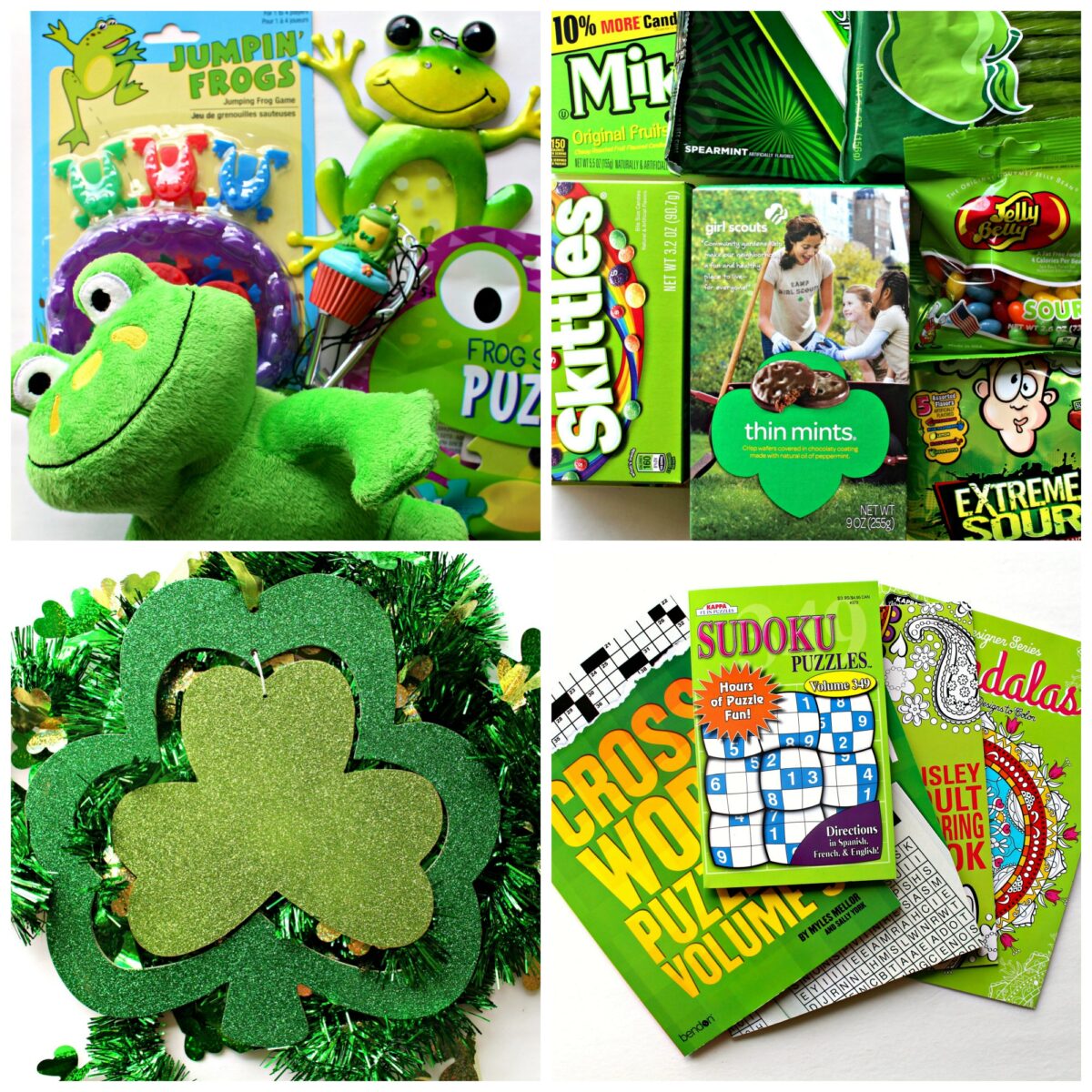 Contents of care package including frog toys, green packaged snacks, decorations, green puzzle books.
