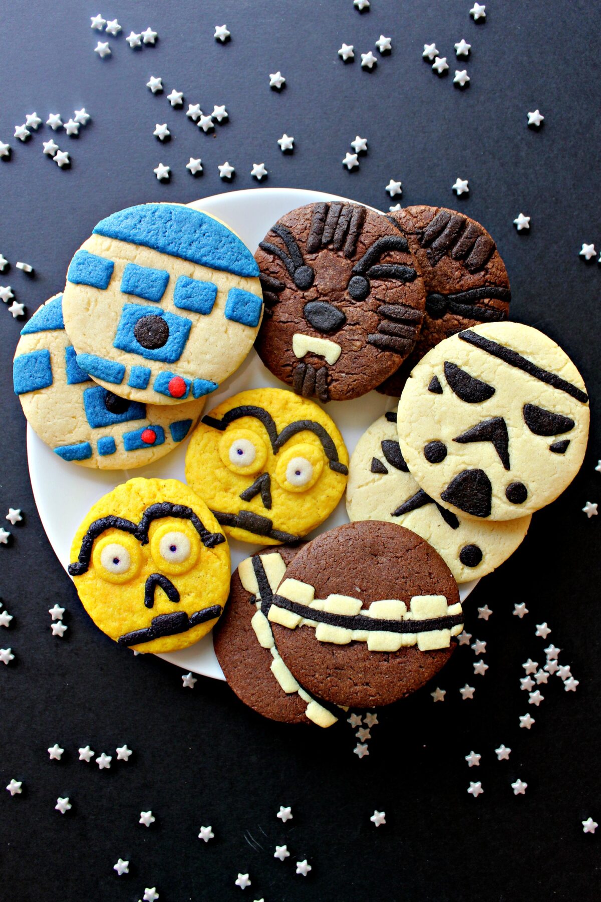 Sugar cookies decorated with colored cookie dough to look like Star Wars characters.