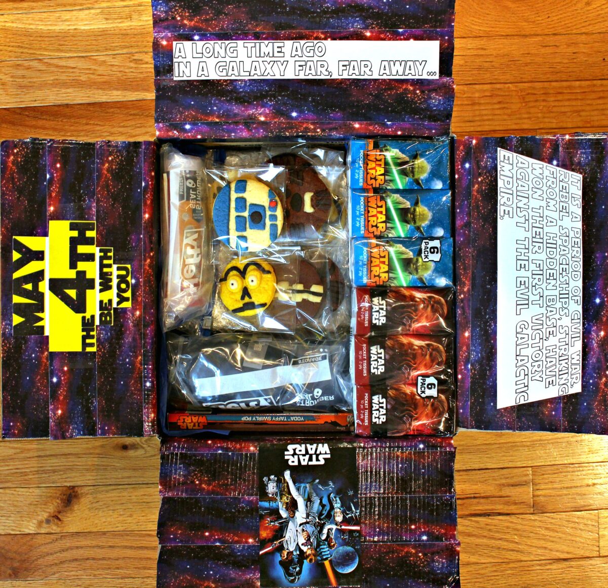 May the 4th Be With You/ Star Wars Military Care Package with decorated box flaps.