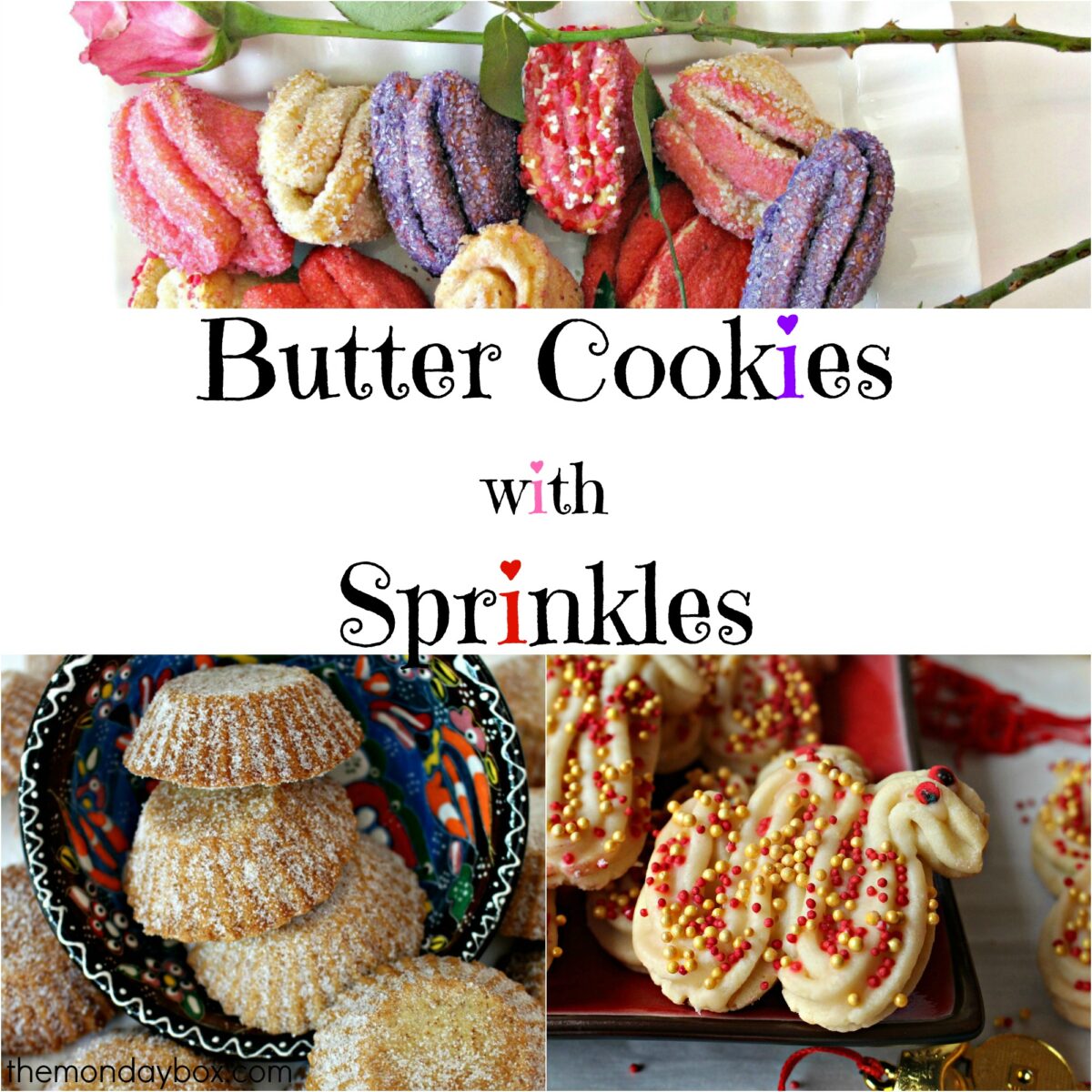 Butter Cookies with Sprinkles text and three different cookies.