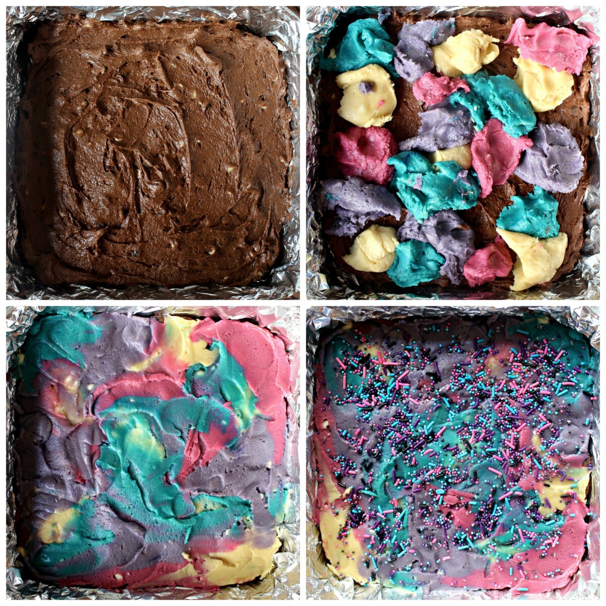 Process collage: spread brownie layer in pan, add colored blondie dough, spread blondie dough, add sprinkles. 