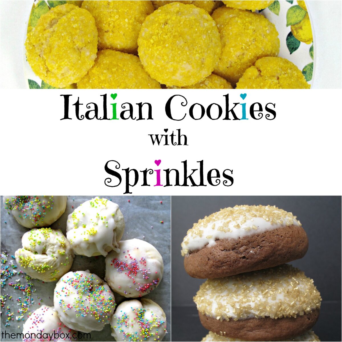 Italian Cookies text and three different cookies.
