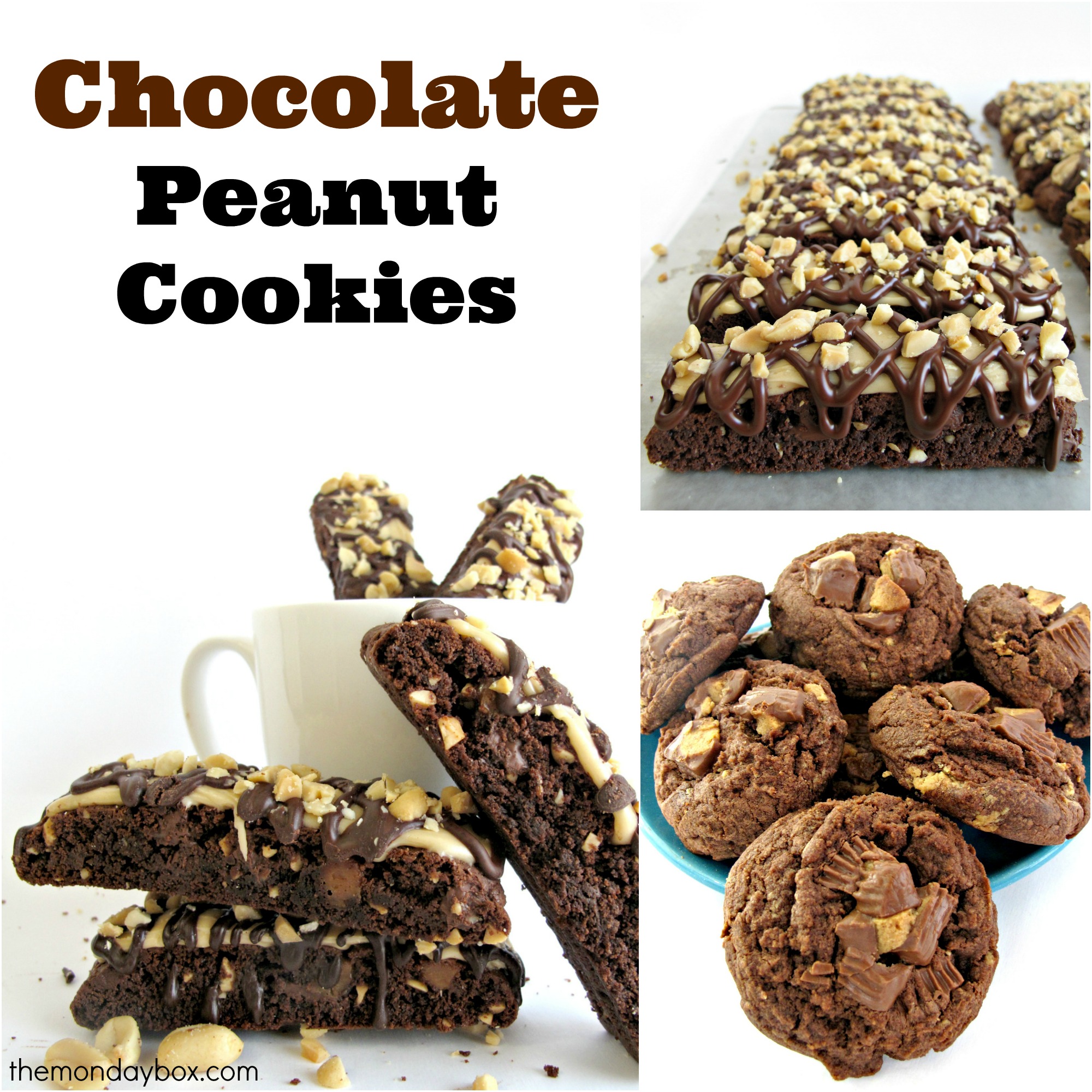 Chocolate Peanut Cookies collage showing Snickers Biscotti and Chocolate Peanut Butter Cup Cookies.