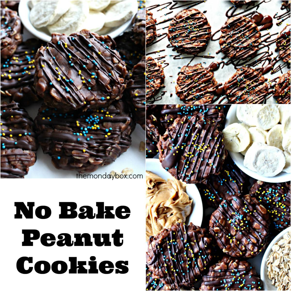 No Bake Peanut Cookies collage showing Chocolate Peanut Butter Banana Cookies.