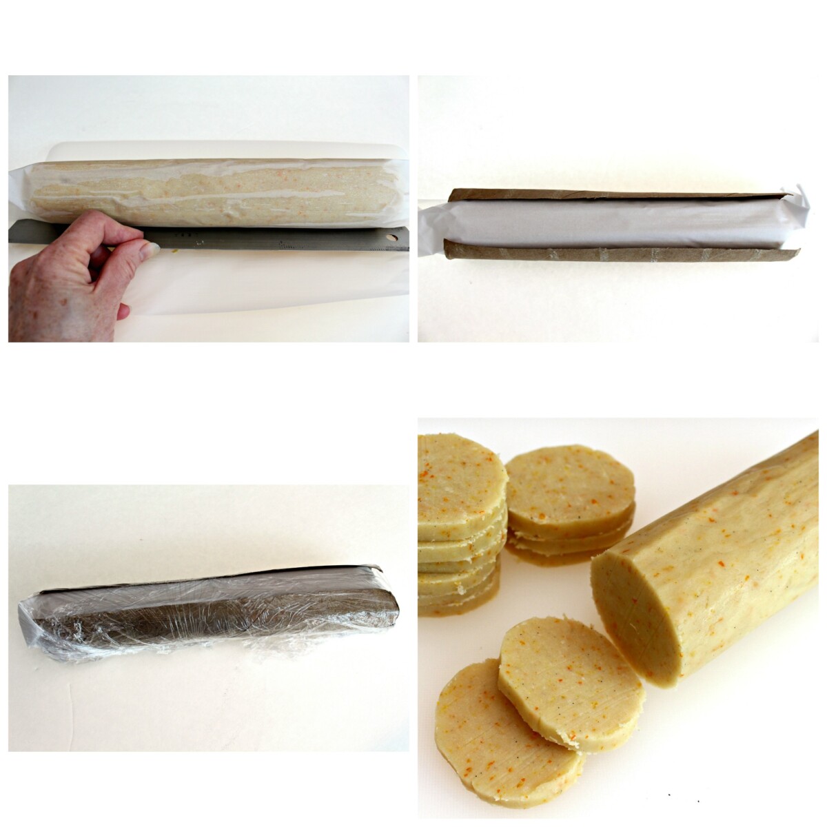 Photo collage making a dough log; compress dough into log shape inside parchment, wrap and chill, slice.