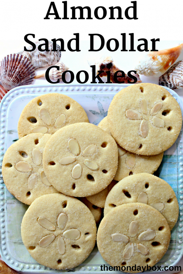 Almond Sand Dollar Cookies are crunchy, buttery treats that look remarkably like a treasured beachcombing find. A few sliced almonds and cutout holes are such an easy way to decorate these almond flavored cutout cookies.|themondaybox.com Almond Sand Dollar Cookies