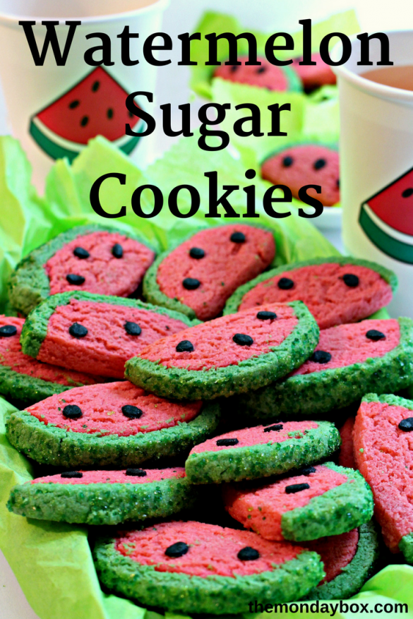 Each bite of crunchy Watermelon Sugar Cookies, brings thoughts of summertime, picnics, and the beach."Seas the day", and bake a batch today! | themondaybox.com