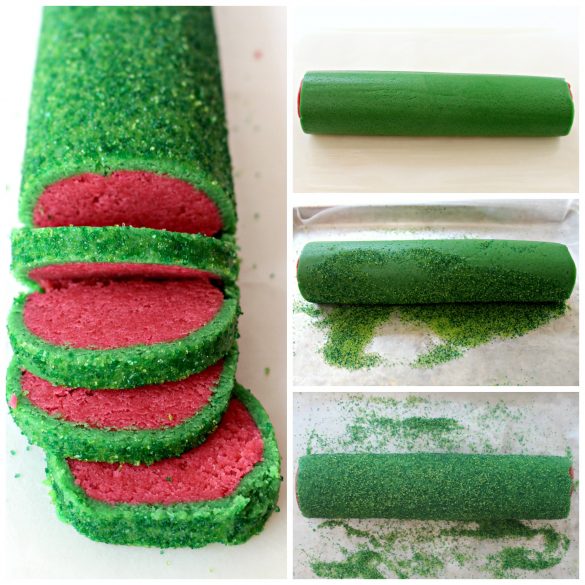 Roll the green covered dough log in green decorating sugar, then slice the dough log  into circular cookies.