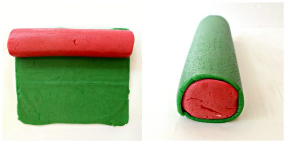 The pink dough is formed into a log. The green dough is rolled into a thin rectangle. Place the pink log on one edge of the green rectangle and roll up the pink log to cover completely with the green dough.