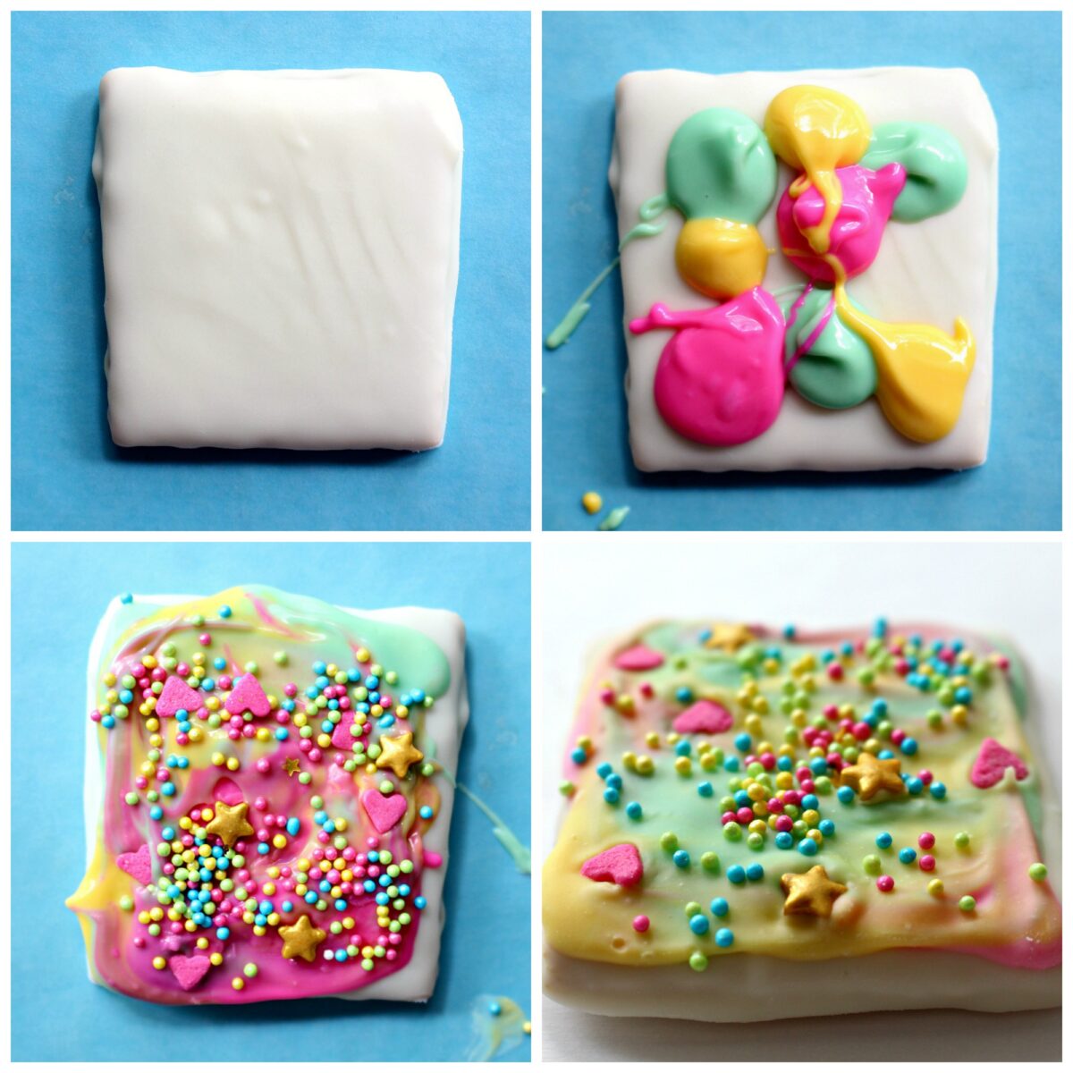 Instructions: coat in white chocolate, add colored white chocolate, add sprinkles.