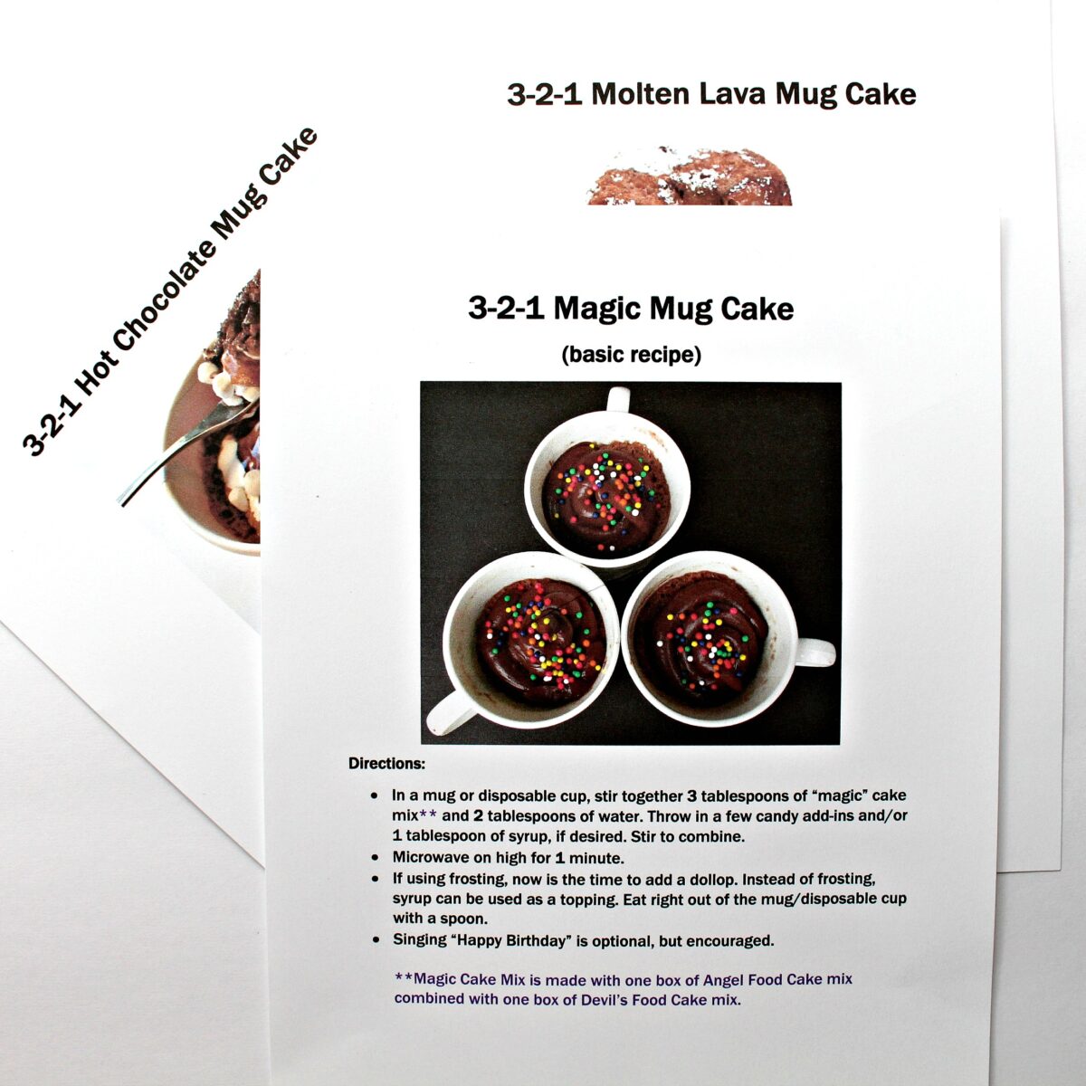Three printable mug cake recipes.