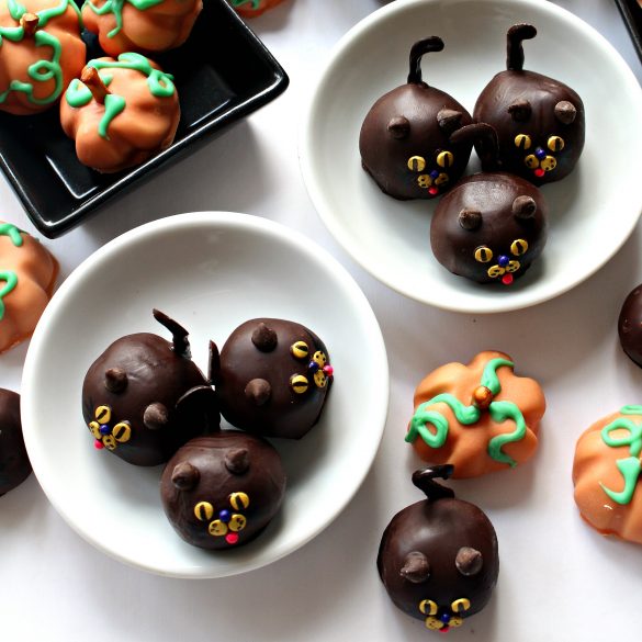  Peanut Butter Ball Pumpkins and Cats in small dishes