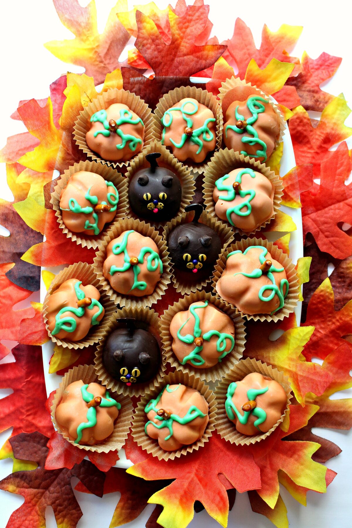 Pumpkinand Cat shaped peanut butter balls on a rectangular platter surrounded by artificial fall leaves.