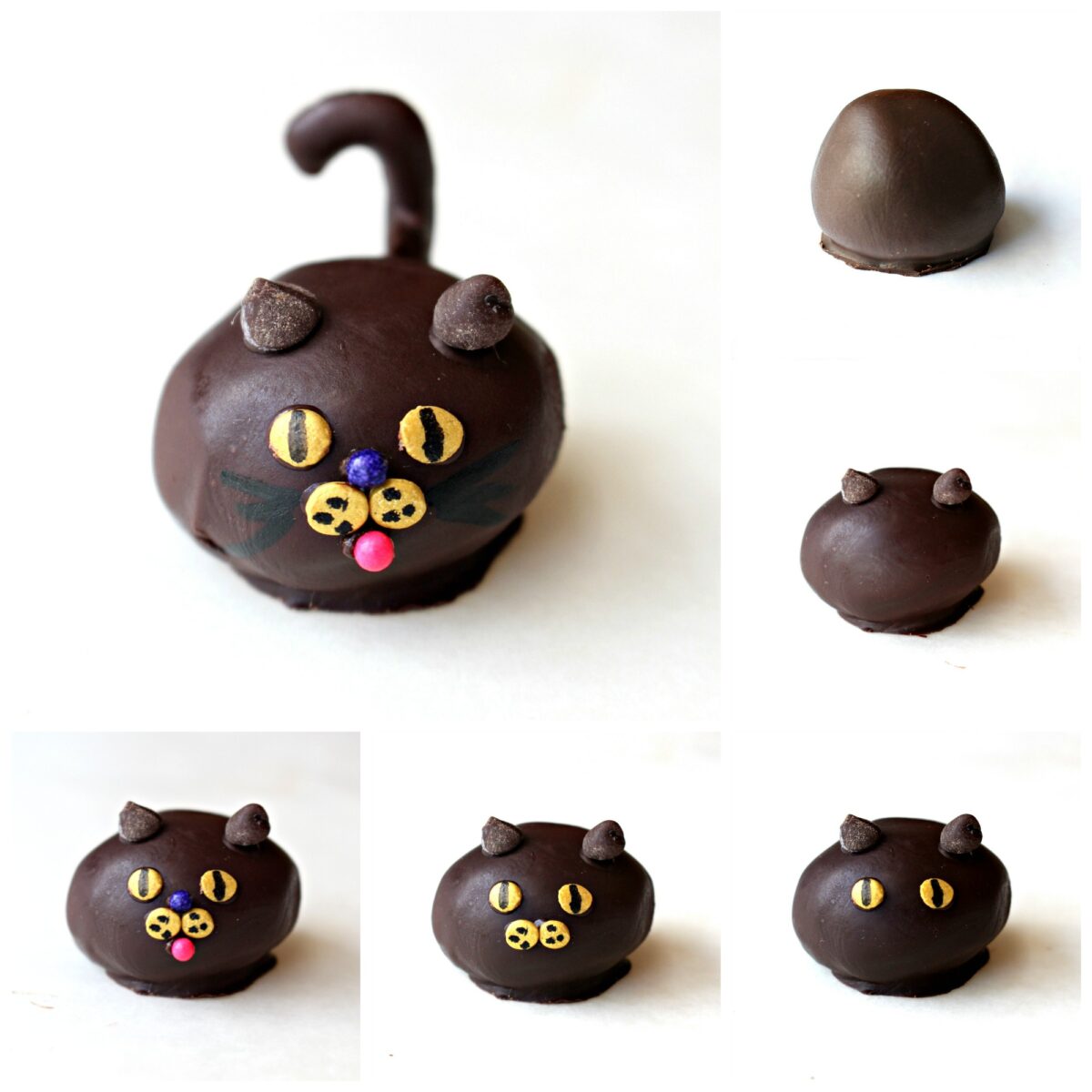  Cat decorating: chocolate covered ball, mini-chip ears, gold disc eyes/whiskers, sprinkle above and below discs.
