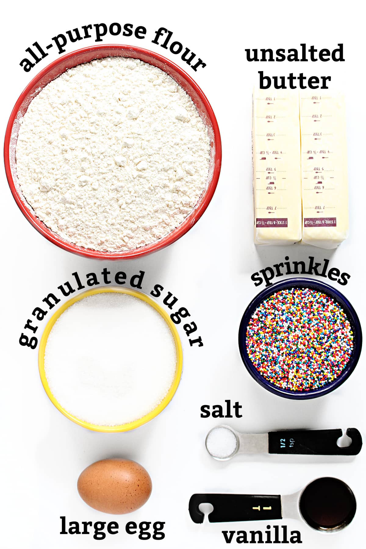 Ingredients labeled; all-purpose flour, unsalted butter, granulated sugar, sprinkles, large egg, vanilla.