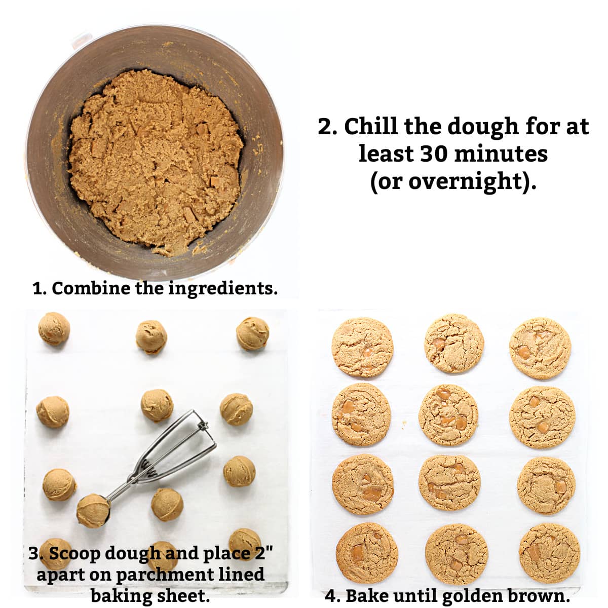 Recipe instructions; combine ingredients, chill dough, scoop dough balls onto baking sheet, bake until golden brown.