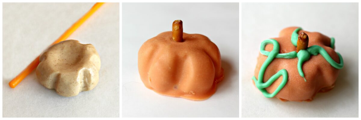 Pumpkin decorating : filling ball indented with stick, orange coating,  pretzel stem, piped green vines/ leaves.