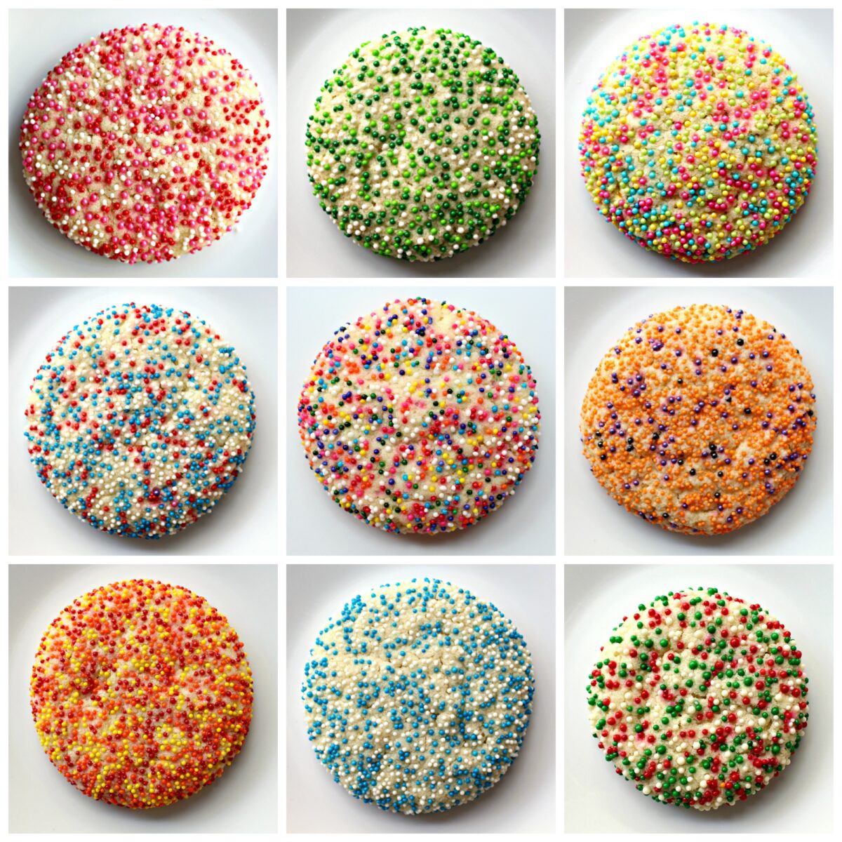 Sprinkle Sugar Cookies coated in different colored sprinkles for a year of different holidays.