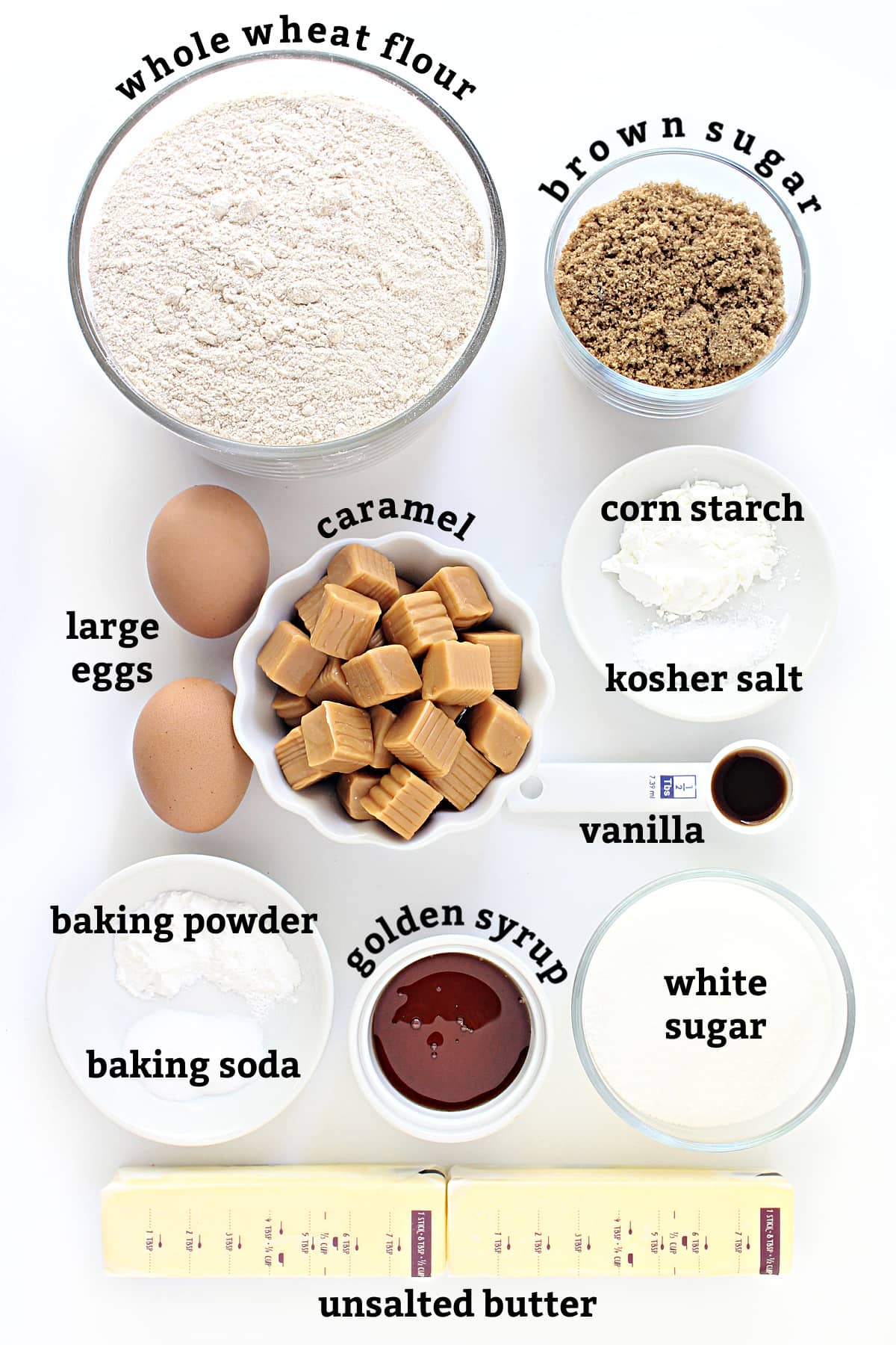 Ingredients labeled; flour, brown/white sugar, eggs, caramels, starch, salt, vanilla, baking powder/soda, syrup, butter.