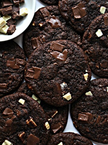 Chewy Chocolate Chunk Cookies with pieces of dark and white chocolate on top
