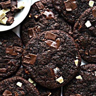 Chocolate cookie closeup showing melted chocolate chunks on top