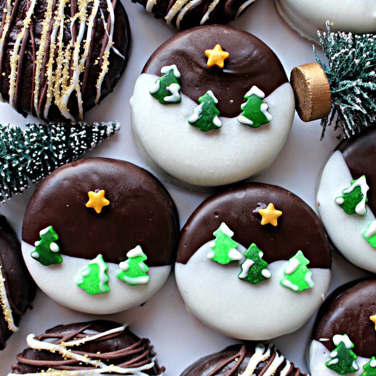 Chocolate Dipped Oreos with a winter wonderland scene of snow and trees.
