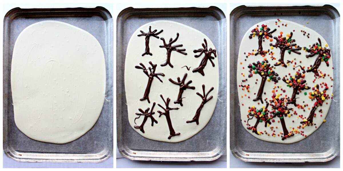 Instructions: large white chocolate oval, pipe on dark chocolate trees,  add fall leaf sprinkles.