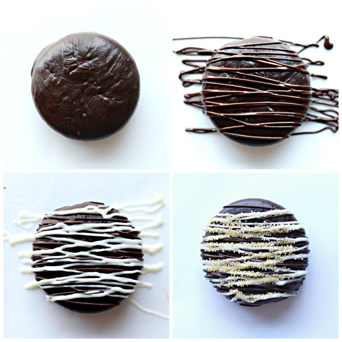 Instructions: drizzle with dark chocolate, drizzle with white chocolate, add gold sparkle sugar.