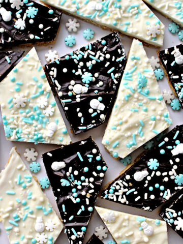 White and dark chocolate covered cookie bark with sprinkles.