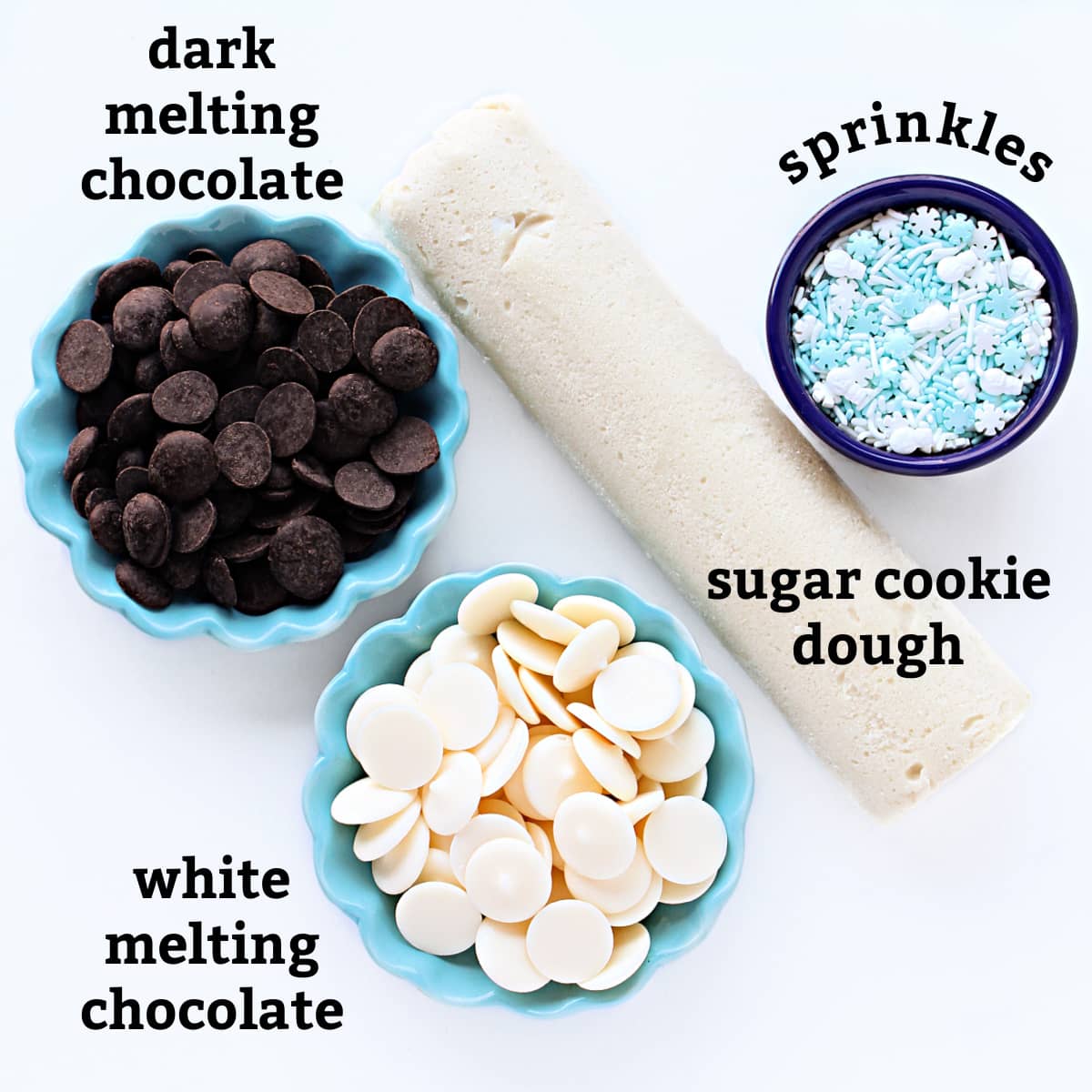 Ingredients labeled : dark melting chocolate, white melting chocolate, sprinkles, sugar cookie dough.