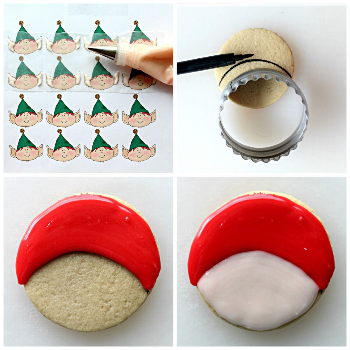 Decorating instructions: pipe ears, draw line on cookie, ice red above and beige below the line.