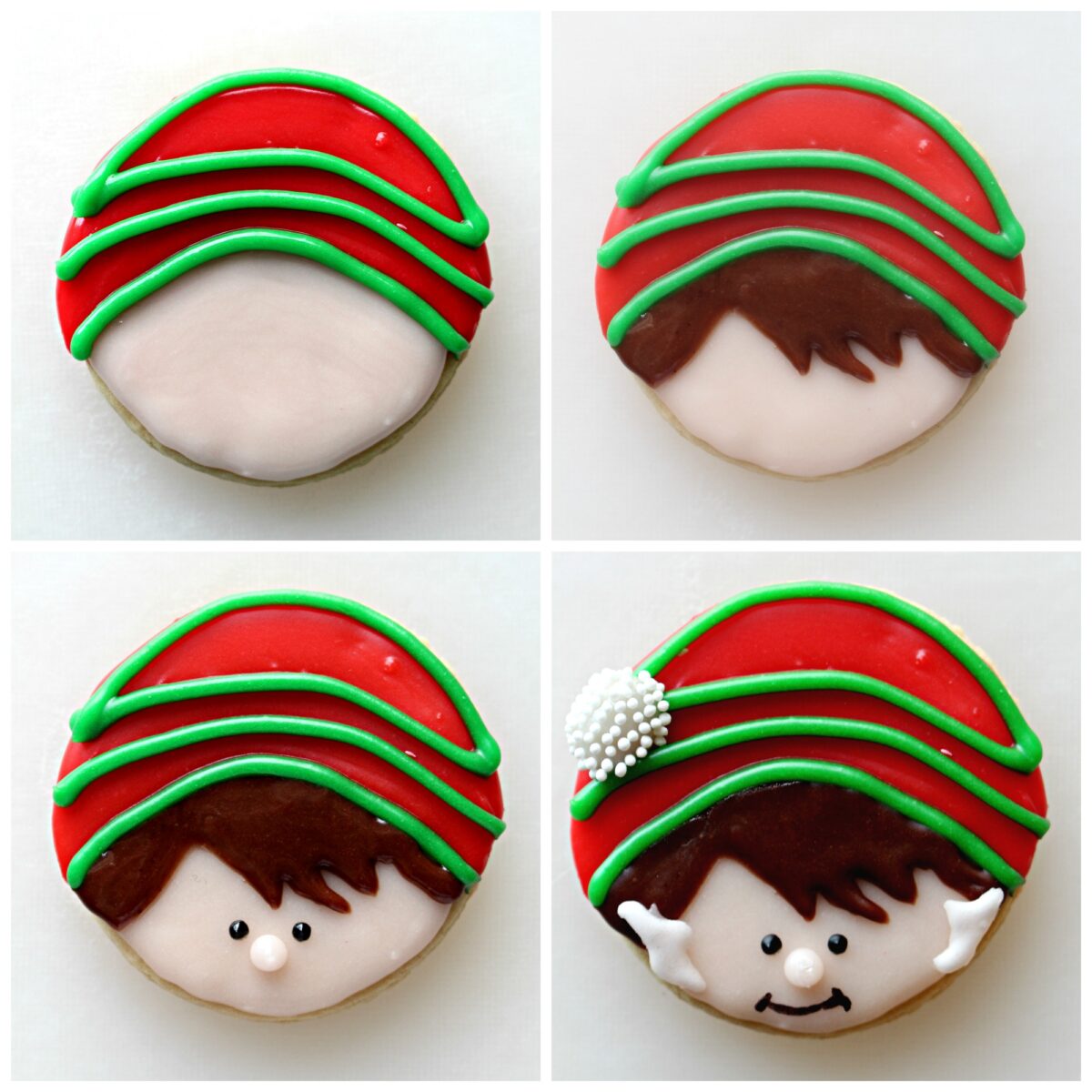 Decorating instructions: add green stripes, brown hair,  eyes and nose, ears and hat pompom.