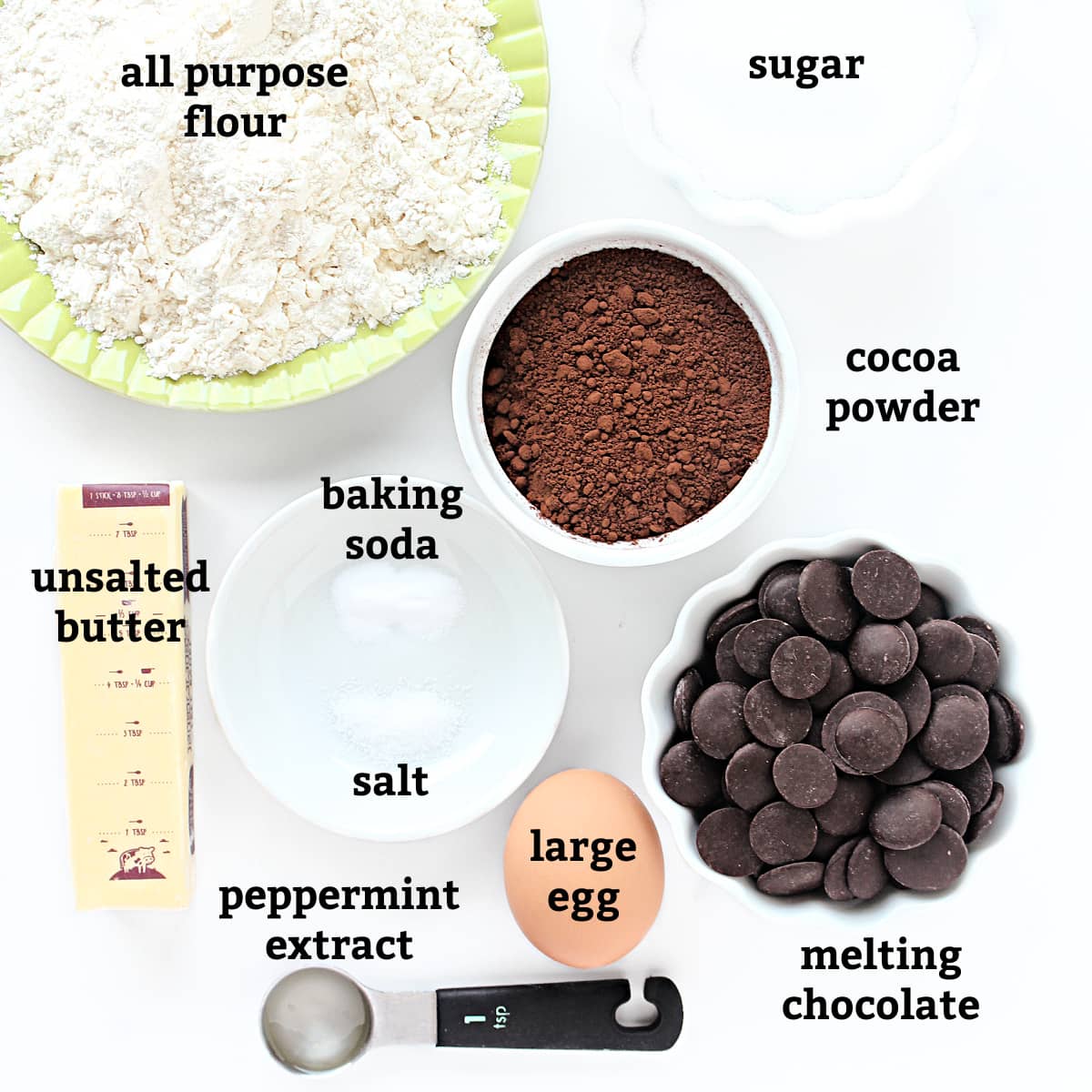 Ingredients: flour, sugar, unsalted butter, baking soda, salt, cocoa powder, egg, peppermint extract, melting chocolate.
