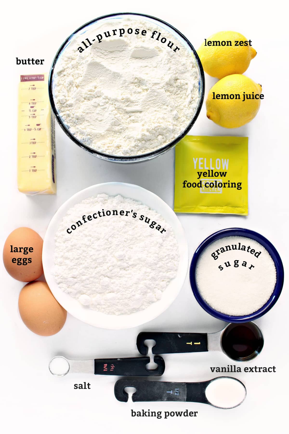 Ingredients: butter, flour, lemons, large eggs, yellow coloring, confectioners' sugar, granulated sugar, salt, vanilla, baking powder.