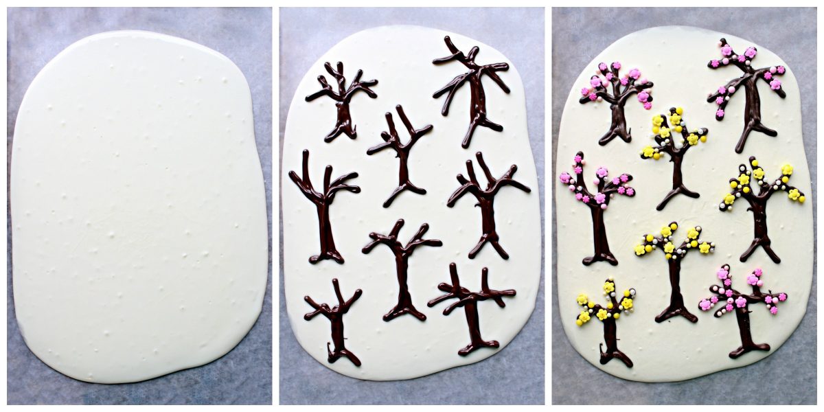 Making Spring Blossoms Bark; spread melted chocolate,  pipe chocolate tree trunks, add yellow and pink sprinkles. 