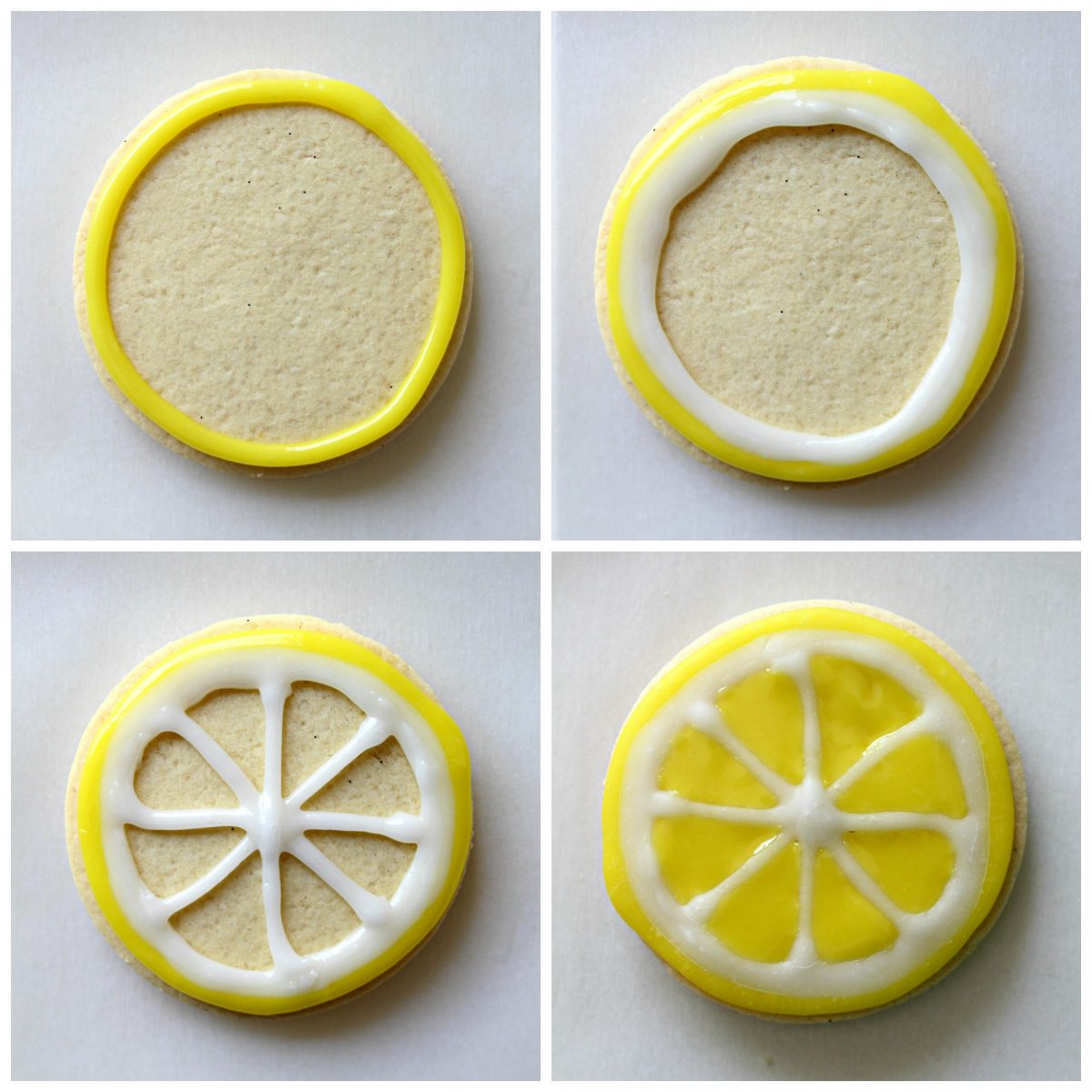 Icing Instructions: outline in yellow then white, white segment lines, fill in with yellow icing.