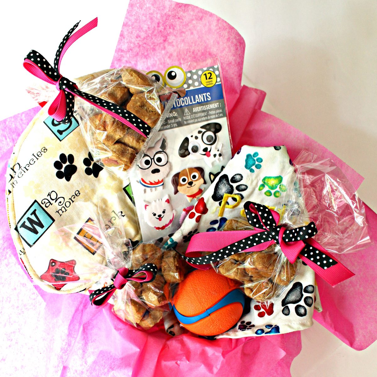 Paw Prints Dog Care Package with dog cookies and paw print gifts.