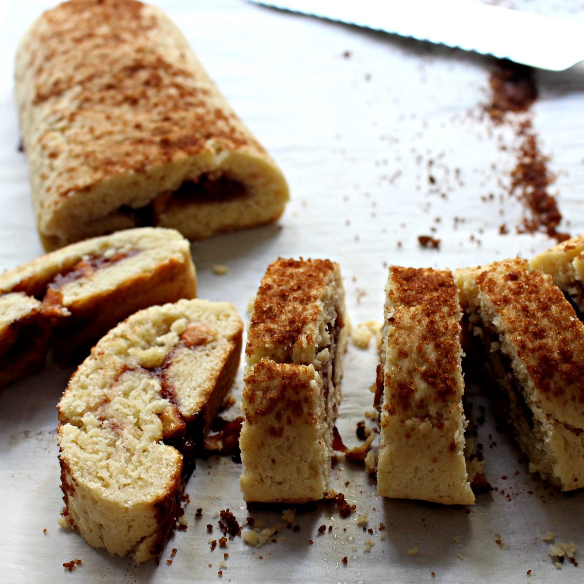 Baked dough log sliced into cookies.
