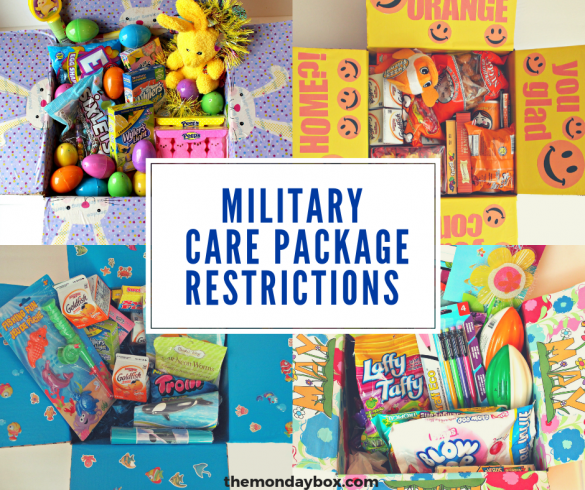 Four themed care packages with a banner for military care package restrictions