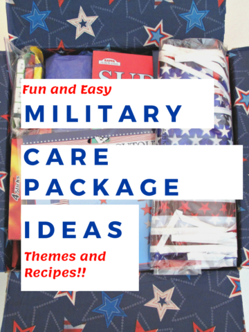 Red, white and blue military care package with title text overlay